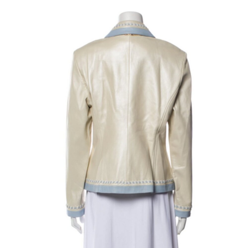 ST. JOHN Ivory 100% Leather Jacket w/ Baby Blue & White Braided  Trim - Picture 4 of 10